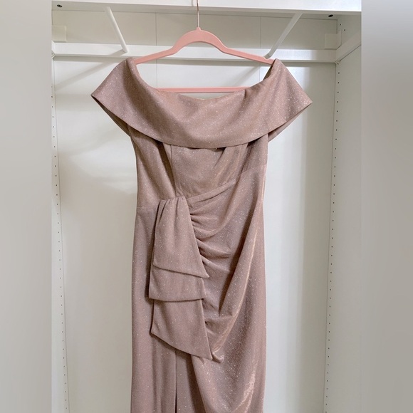 Xscape Camila Tan Sparkle Ruched Off-Shoulder Cocktail Gown Nwot - Picture 2 of 5